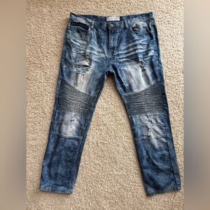 Bleecker &‎ Mercer Moto Jeans 42x32 Men’s Distressed Slim Fit Blue Denim
